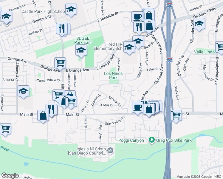 map of restaurants, bars, coffee shops, grocery stores, and more near 123 Spruce Road in Chula Vista