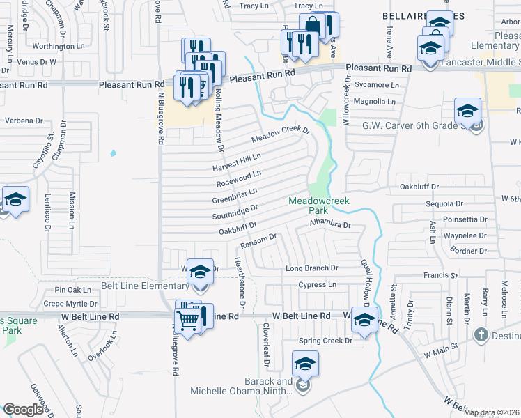 map of restaurants, bars, coffee shops, grocery stores, and more near 1218 Southridge Drive in Lancaster