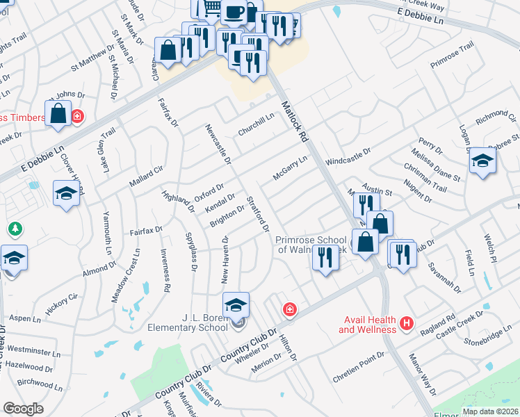 map of restaurants, bars, coffee shops, grocery stores, and more near 1407 High Crest Drive in Mansfield