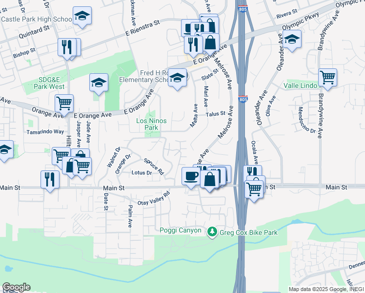 map of restaurants, bars, coffee shops, grocery stores, and more near 22 Maple Drive in Chula Vista