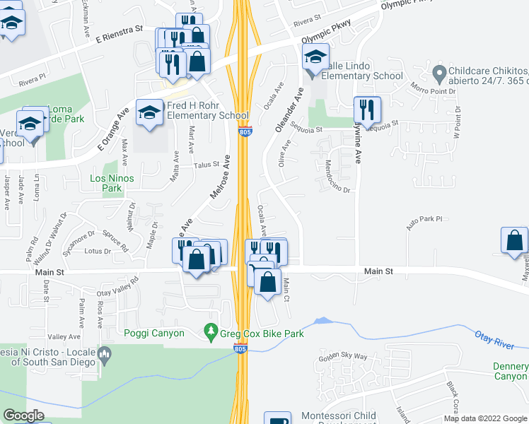 map of restaurants, bars, coffee shops, grocery stores, and more near 1623 Ocala Avenue in Chula Vista