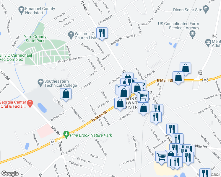 map of restaurants, bars, coffee shops, grocery stores, and more near 217 North Central Street in Swainsboro