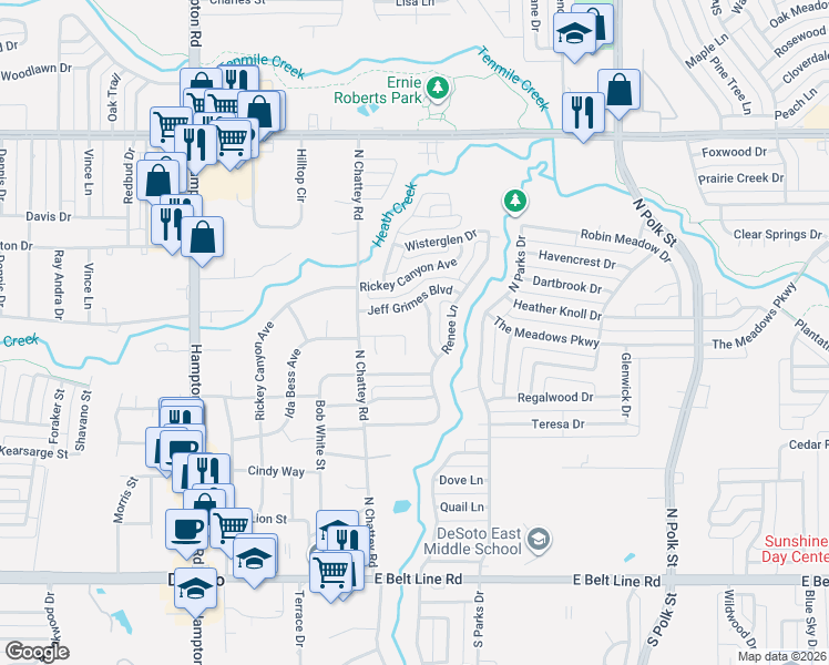 map of restaurants, bars, coffee shops, grocery stores, and more near 525 Meadow Hill Drive in DeSoto