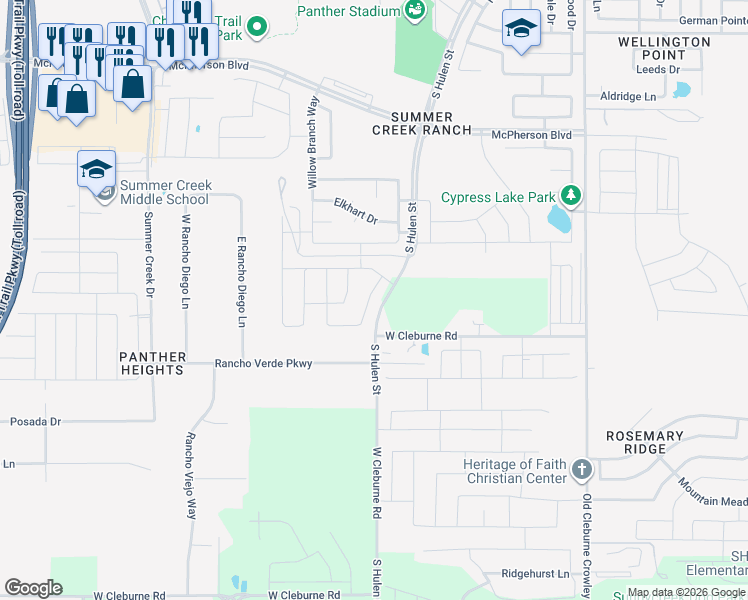 map of restaurants, bars, coffee shops, grocery stores, and more near 6 Boxelder Drive in Crowley