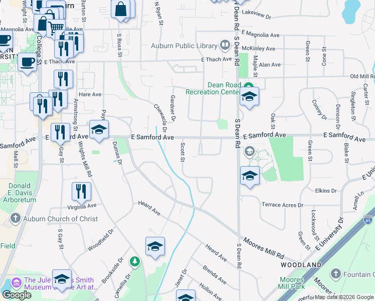 map of restaurants, bars, coffee shops, grocery stores, and more near 414 Brookwood Drive in Auburn