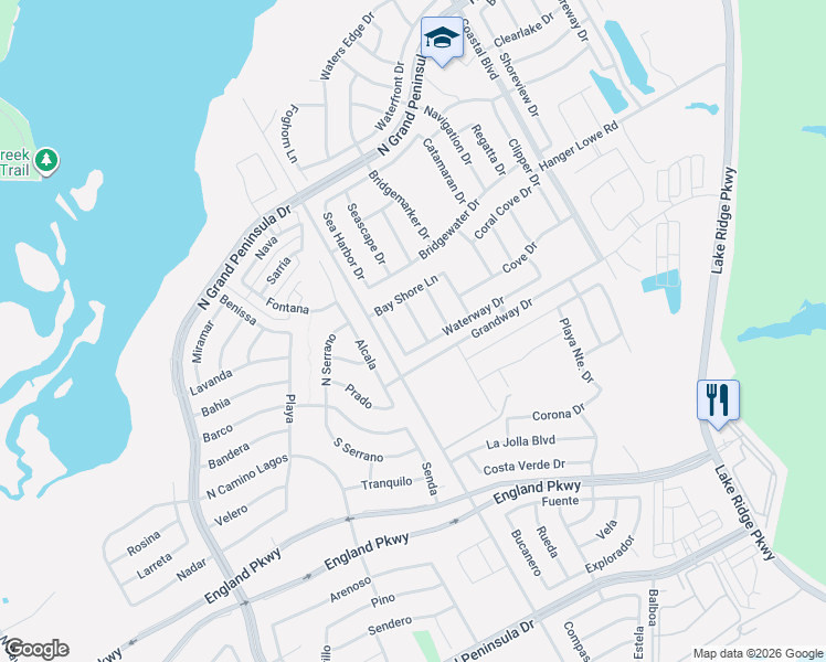 map of restaurants, bars, coffee shops, grocery stores, and more near 7060 Surfside Lane in Grand Prairie