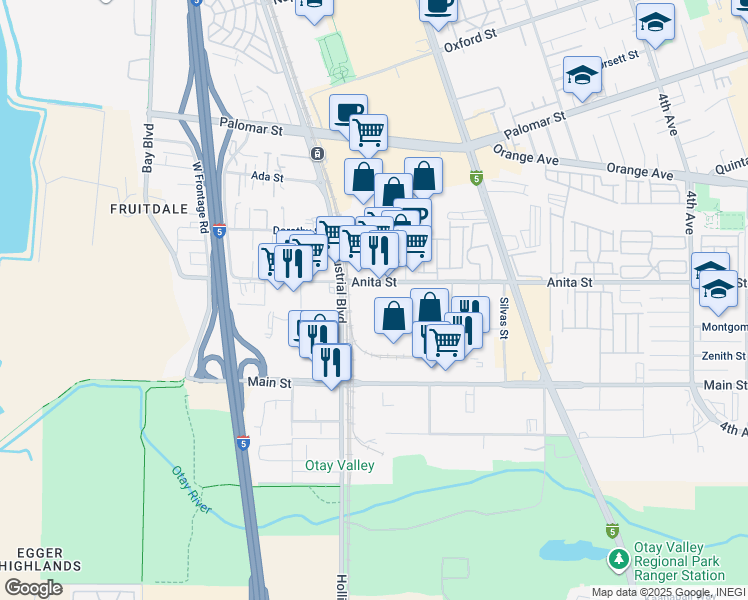 map of restaurants, bars, coffee shops, grocery stores, and more near 681 Anita Street in Chula Vista