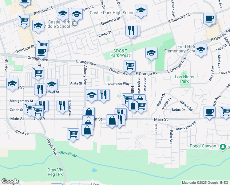 map of restaurants, bars, coffee shops, grocery stores, and more near 74 Connoley Circle in Chula Vista