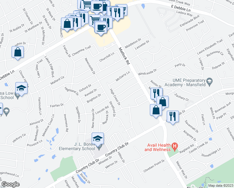 map of restaurants, bars, coffee shops, grocery stores, and more near 1603 Crestmeadow Lane in Mansfield
