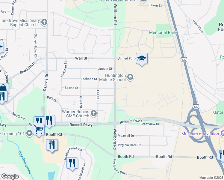 map of restaurants, bars, coffee shops, grocery stores, and more near 101 Sparta Street in Warner Robins