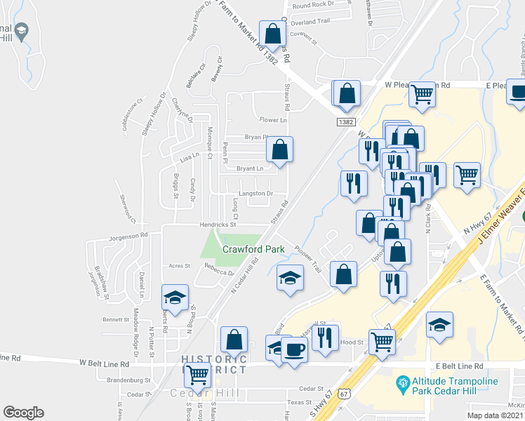 map of restaurants, bars, coffee shops, grocery stores, and more near 540 Majestic Park Lane in Cedar Hill
