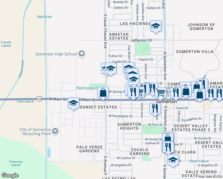 map of restaurants, bars, coffee shops, grocery stores, and more near 737 West Spring Street in Somerton