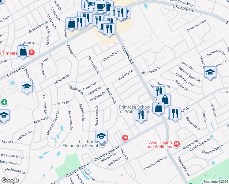 map of restaurants, bars, coffee shops, grocery stores, and more near 1407 High Crest Drive in Mansfield
