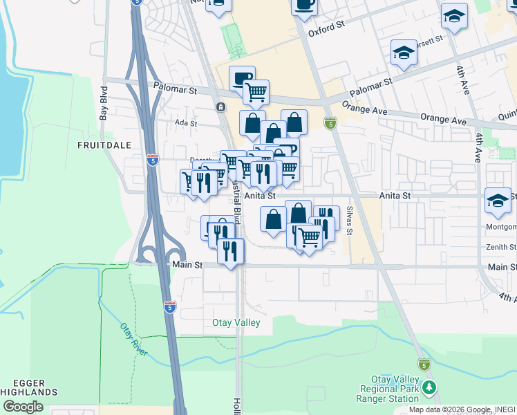 map of restaurants, bars, coffee shops, grocery stores, and more near 681 Anita Street in Chula Vista