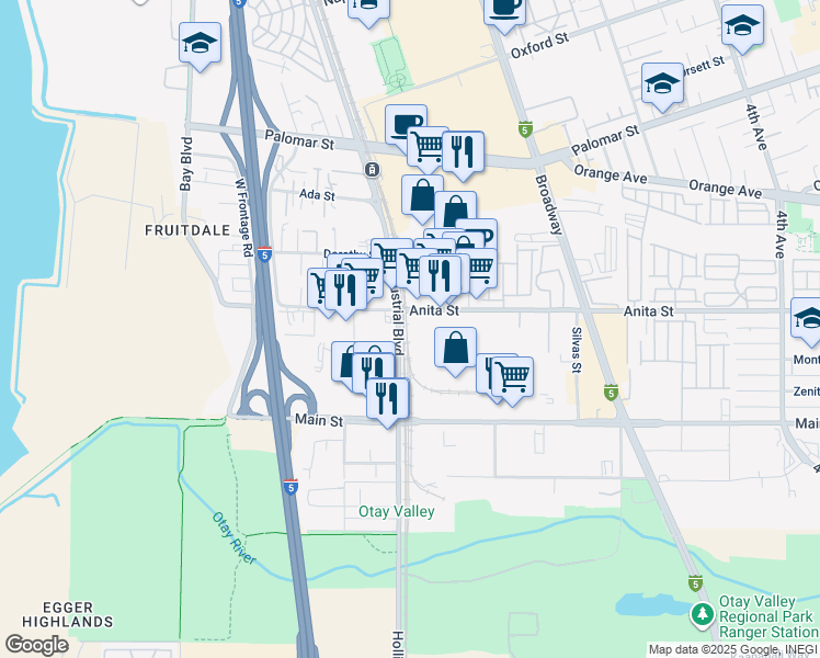 map of restaurants, bars, coffee shops, grocery stores, and more near 691 Anita Street in Chula Vista