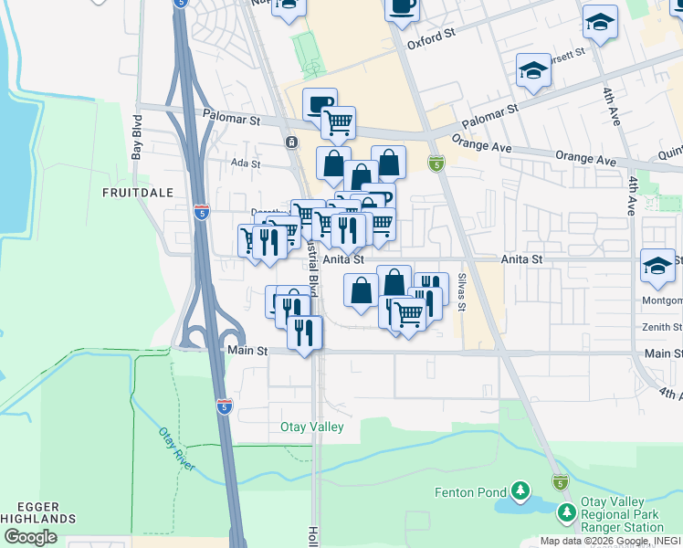 map of restaurants, bars, coffee shops, grocery stores, and more near 681 Anita Street in Chula Vista