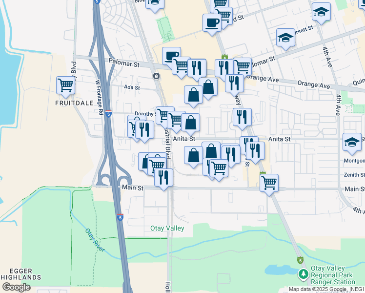 map of restaurants, bars, coffee shops, grocery stores, and more near 681 Anita Street in Chula Vista