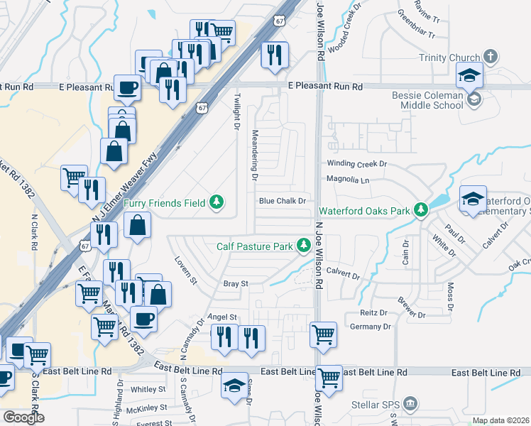 map of restaurants, bars, coffee shops, grocery stores, and more near 611 Pondview Drive in Cedar Hill