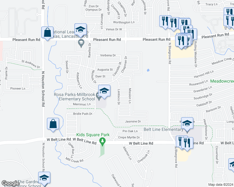 map of restaurants, bars, coffee shops, grocery stores, and more near 711 Lentisco Drive in Lancaster