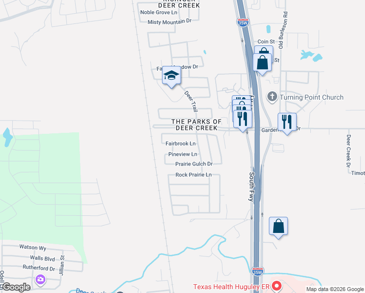 map of restaurants, bars, coffee shops, grocery stores, and more near 429 Fairbrook Lane in Fort Worth