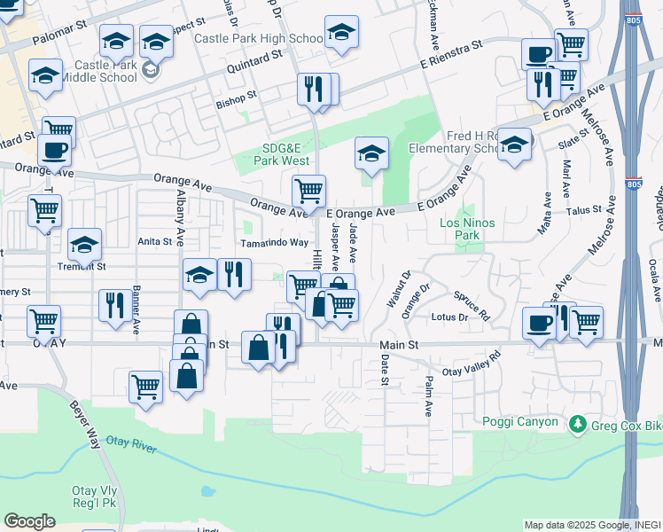 map of restaurants, bars, coffee shops, grocery stores, and more near 1604 Jasper Avenue in Chula Vista