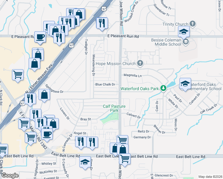 map of restaurants, bars, coffee shops, grocery stores, and more near 635 Pondview Drive in Cedar Hill