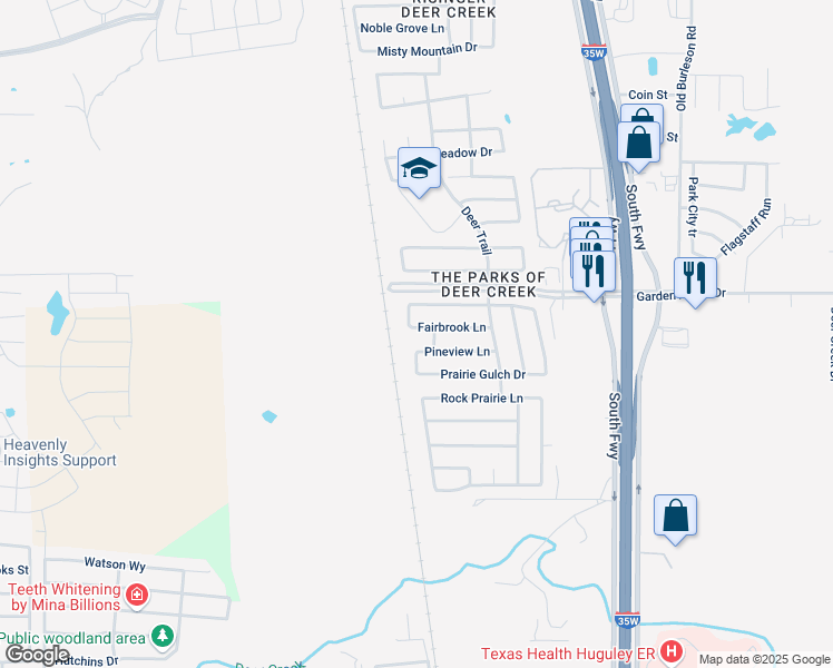map of restaurants, bars, coffee shops, grocery stores, and more near 513 Fairbrook Lane in Fort Worth