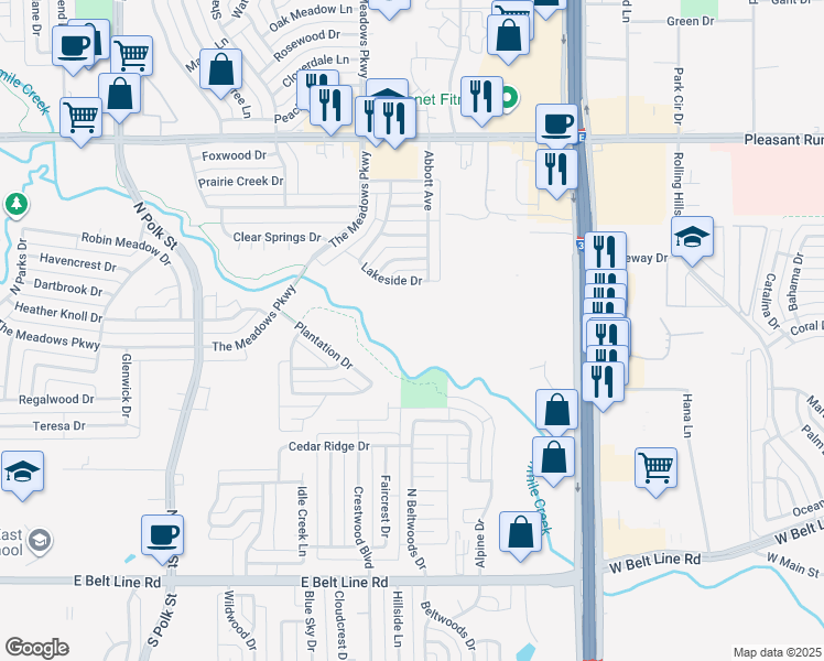 map of restaurants, bars, coffee shops, grocery stores, and more near 1136 Lakeside Drive in DeSoto