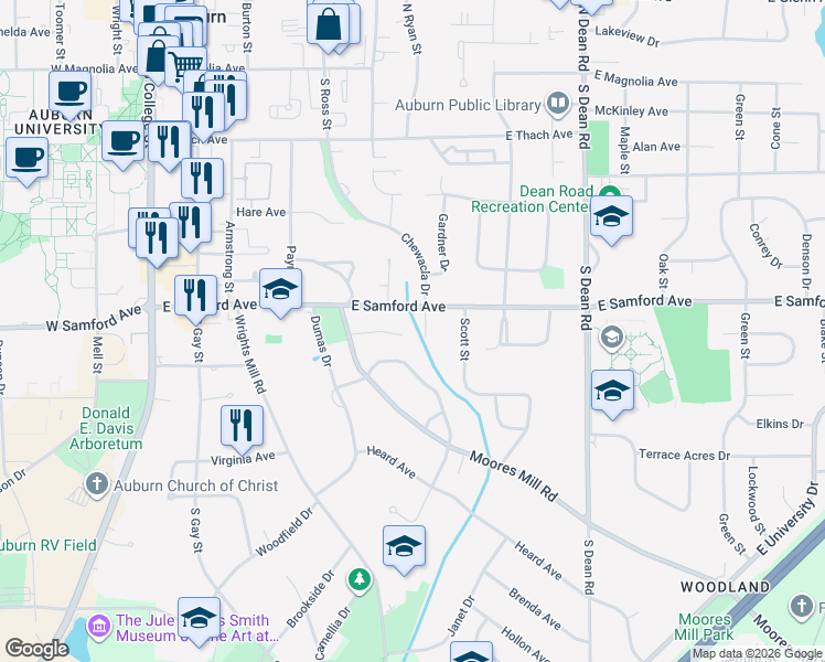 map of restaurants, bars, coffee shops, grocery stores, and more near 545 Godfrey Lane in Auburn
