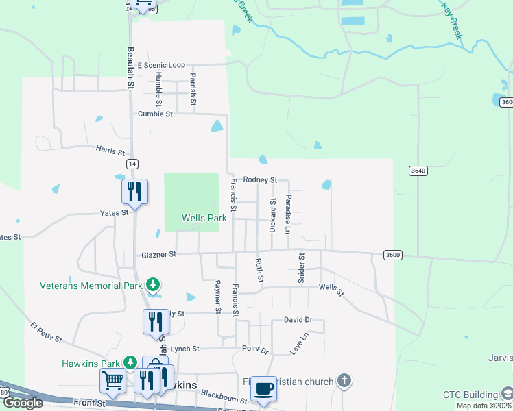 map of restaurants, bars, coffee shops, grocery stores, and more near 409 Ruth Lane in Hawkins