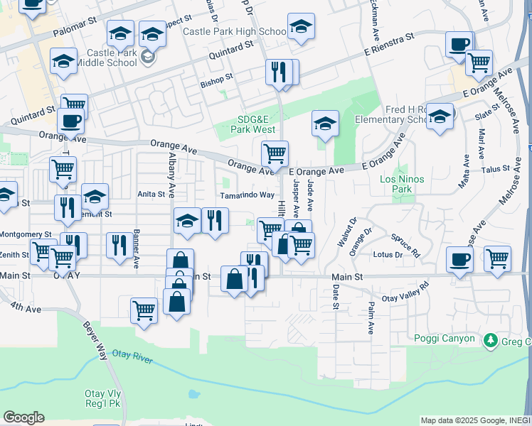 map of restaurants, bars, coffee shops, grocery stores, and more near 3725 Festival Court in Chula Vista