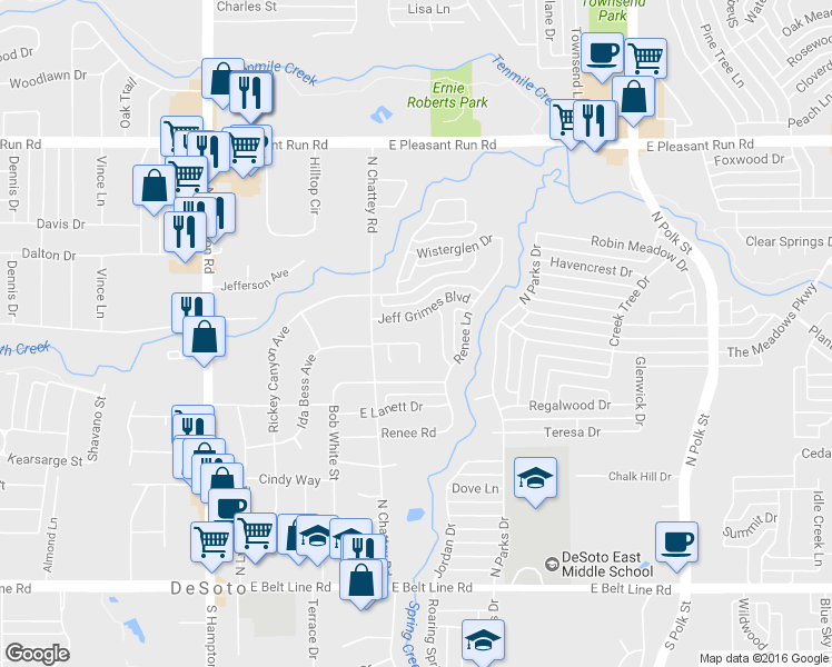 map of restaurants, bars, coffee shops, grocery stores, and more near 525 Meadow Hill Drive in DeSoto