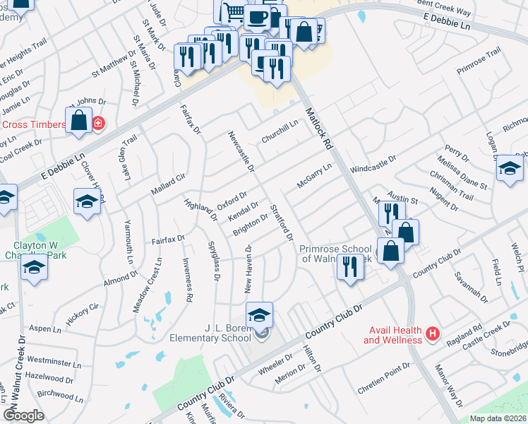 map of restaurants, bars, coffee shops, grocery stores, and more near 1515 Brighton Drive in Mansfield