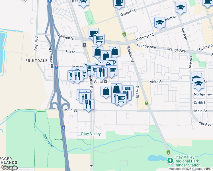 map of restaurants, bars, coffee shops, grocery stores, and more near 681 Anita Street in Chula Vista
