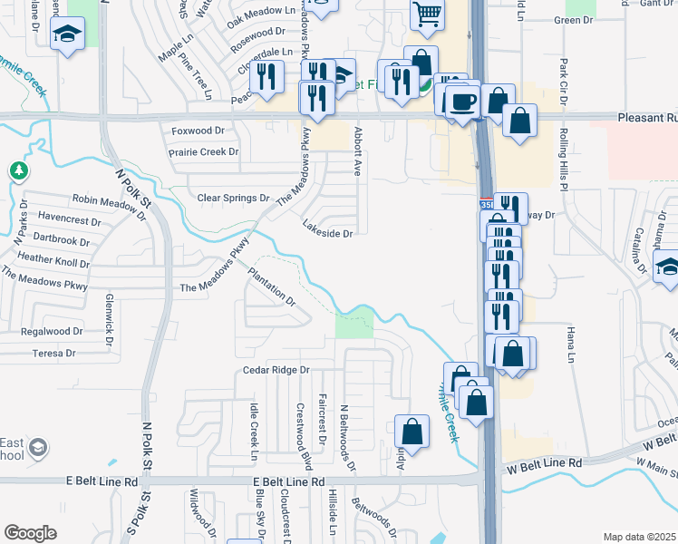 map of restaurants, bars, coffee shops, grocery stores, and more near 1136 Lakeside Drive in DeSoto