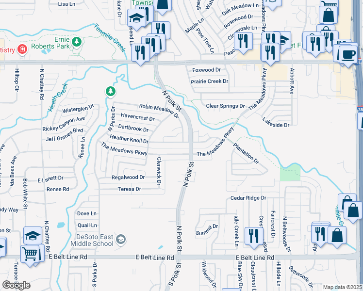 map of restaurants, bars, coffee shops, grocery stores, and more near 828 Heather Knoll Drive in DeSoto