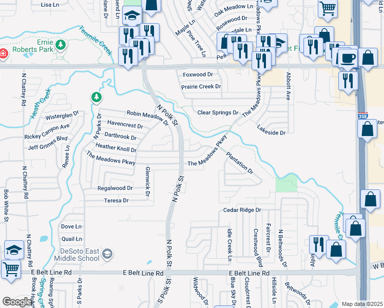 map of restaurants, bars, coffee shops, grocery stores, and more near 912 Heather Knoll Drive in DeSoto