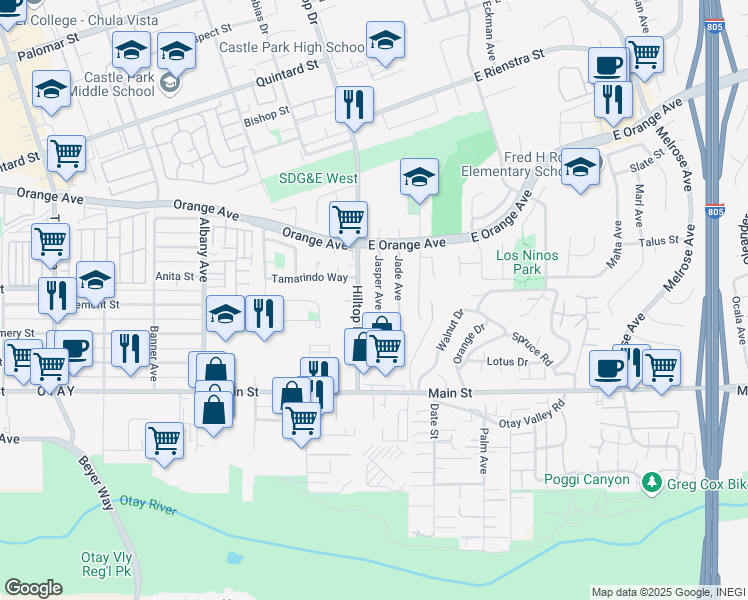 map of restaurants, bars, coffee shops, grocery stores, and more near 1604 Jasper Avenue in Chula Vista