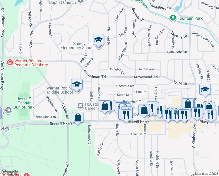 map of restaurants, bars, coffee shops, grocery stores, and more near 101 Chestnut Road in Warner Robins
