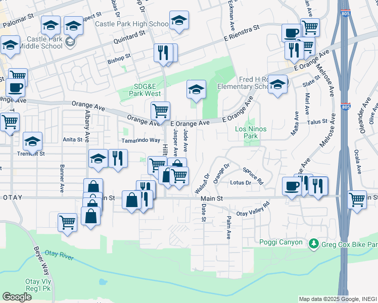 map of restaurants, bars, coffee shops, grocery stores, and more near 1605 Jade Avenue in Chula Vista