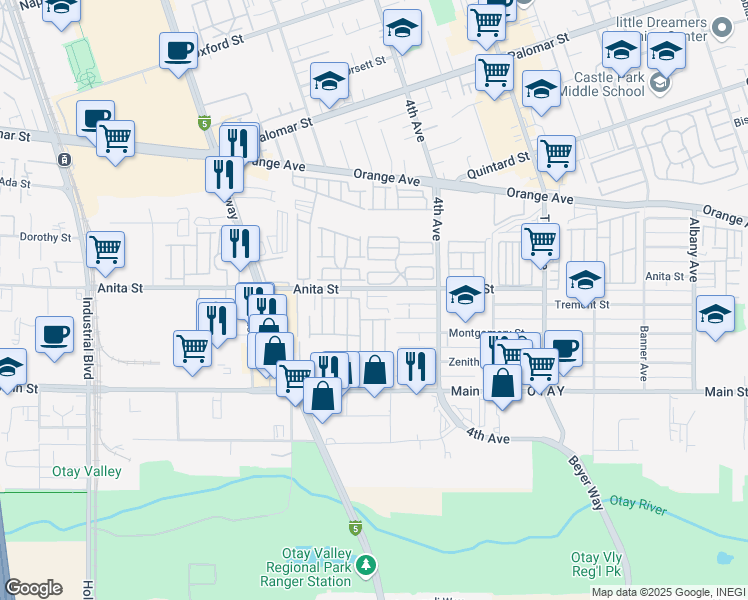 map of restaurants, bars, coffee shops, grocery stores, and more near 469 Anna Linda Court in Chula Vista