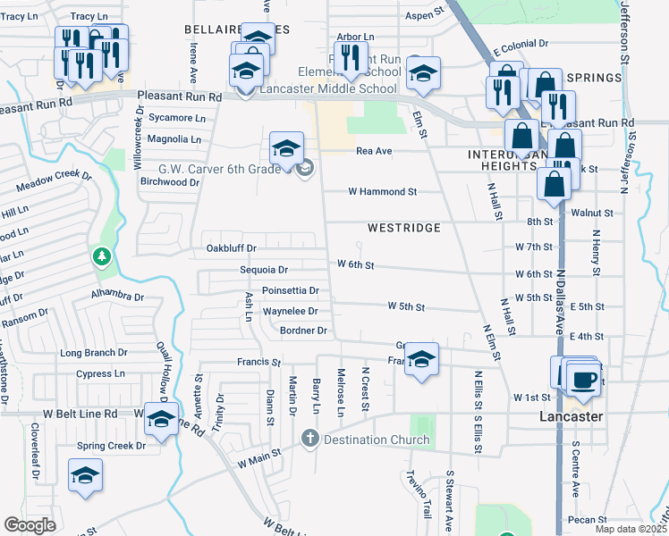 map of restaurants, bars, coffee shops, grocery stores, and more near 638 Westridge Avenue in Lancaster