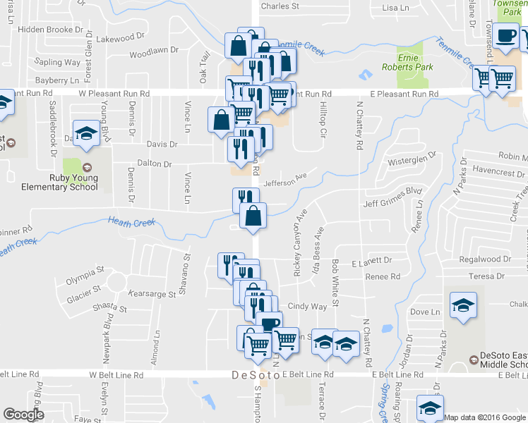 map of restaurants, bars, coffee shops, grocery stores, and more near 102 Spinner Circle in DeSoto