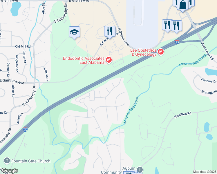 map of restaurants, bars, coffee shops, grocery stores, and more near 543 Rosemary Court in Auburn