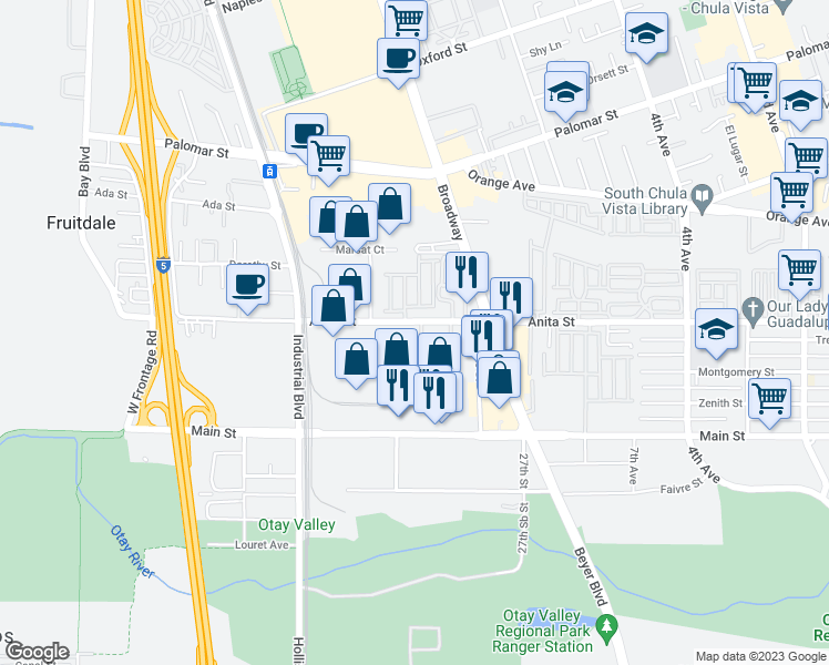 map of restaurants, bars, coffee shops, grocery stores, and more near 627 Anita Street in Chula Vista