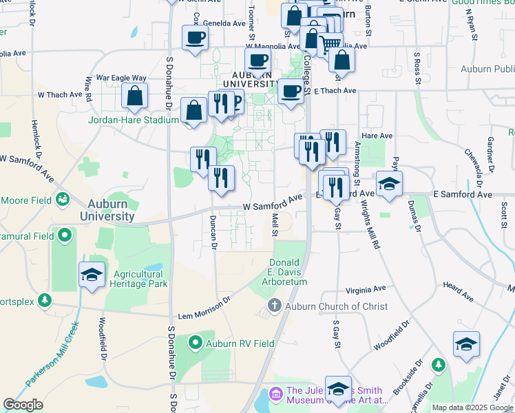 map of restaurants, bars, coffee shops, grocery stores, and more near 551 West Samford Avenue in Auburn