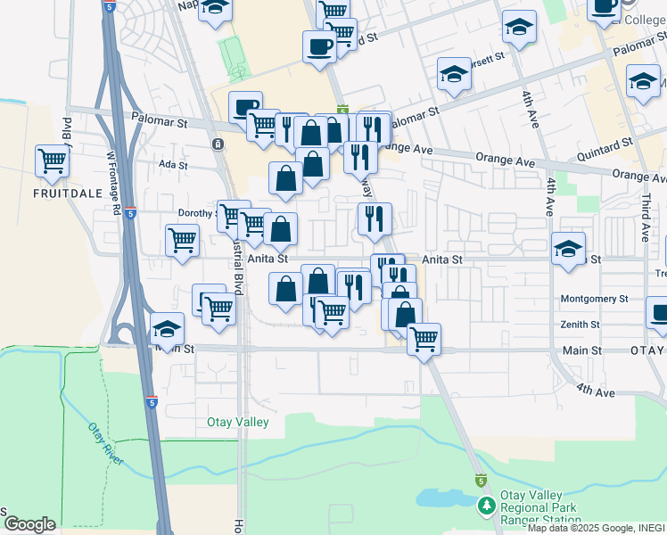 map of restaurants, bars, coffee shops, grocery stores, and more near 619 Anita Street in Chula Vista