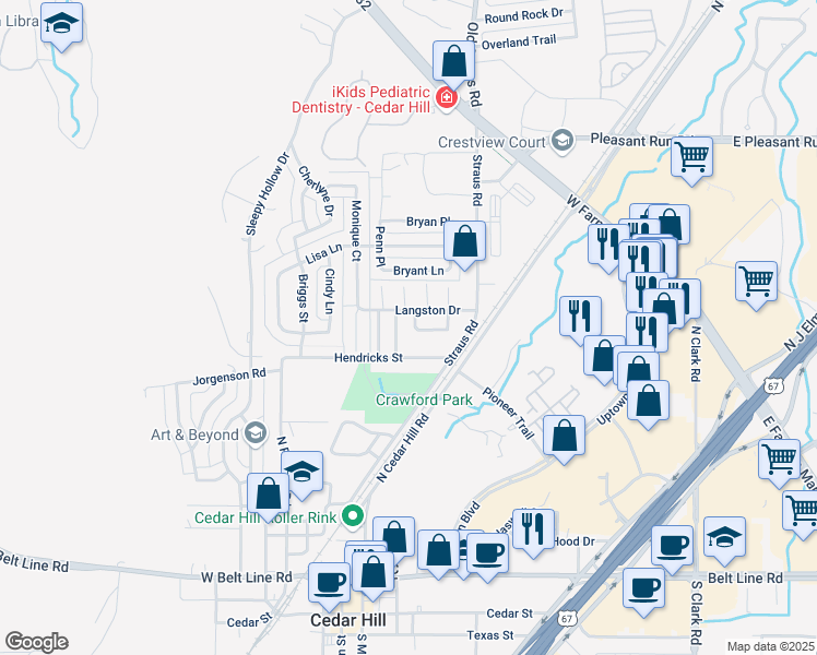 map of restaurants, bars, coffee shops, grocery stores, and more near 571 Majestic Park Lane in Cedar Hill