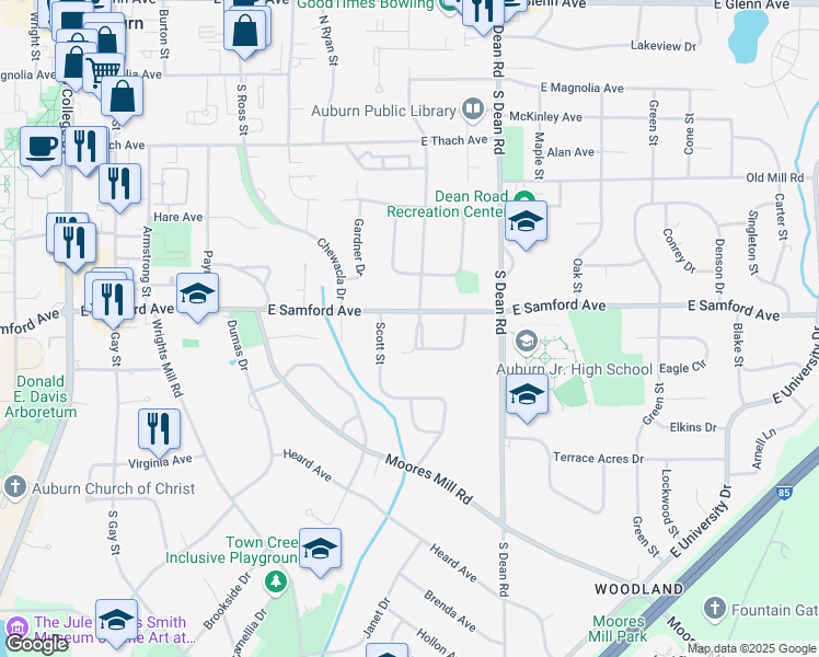 map of restaurants, bars, coffee shops, grocery stores, and more near 414 Brookwood Drive in Auburn