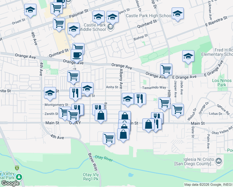 map of restaurants, bars, coffee shops, grocery stores, and more near 164 Tremont Street in Chula Vista